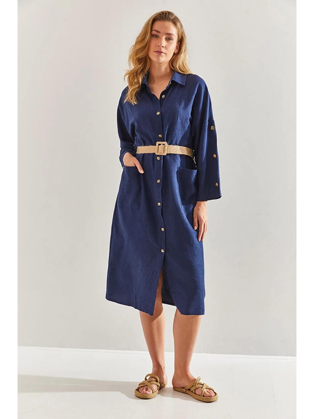 Lacivert Kadın Hasır Kemerli Keten Görünümlü Gömlek Elbise 60171014-2