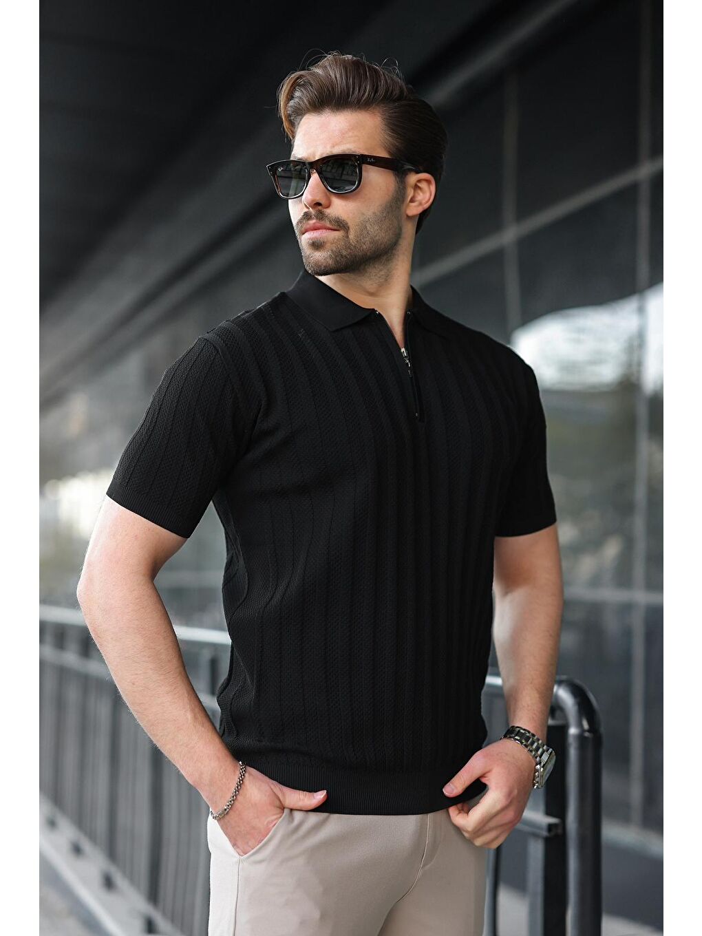 Siyah Yarım Fermuarlı Polo Yaka Erkek Triko Tişört E7458-1