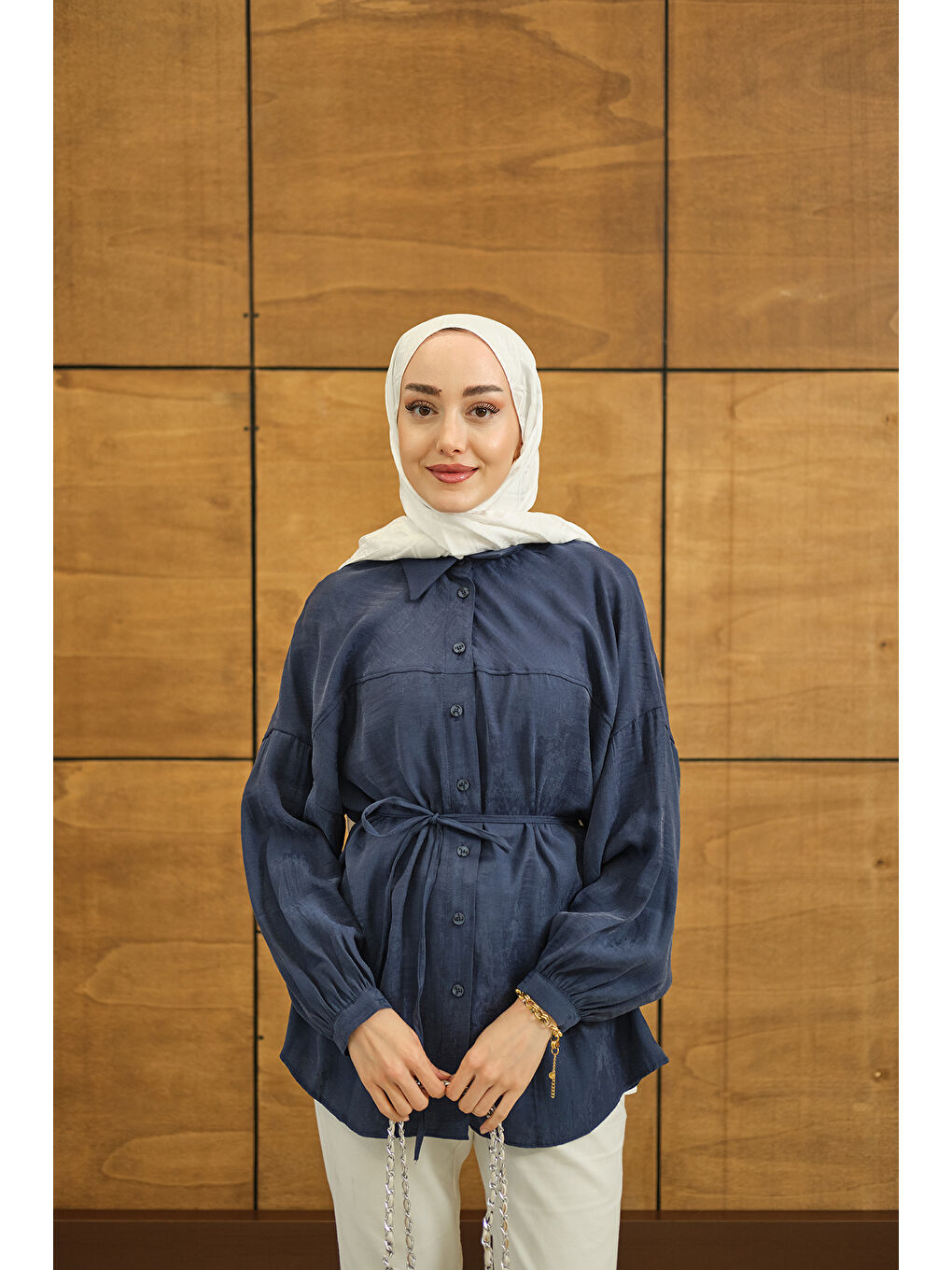 Kadın Bulanık Desen Jakar Gömlek Mavi-3