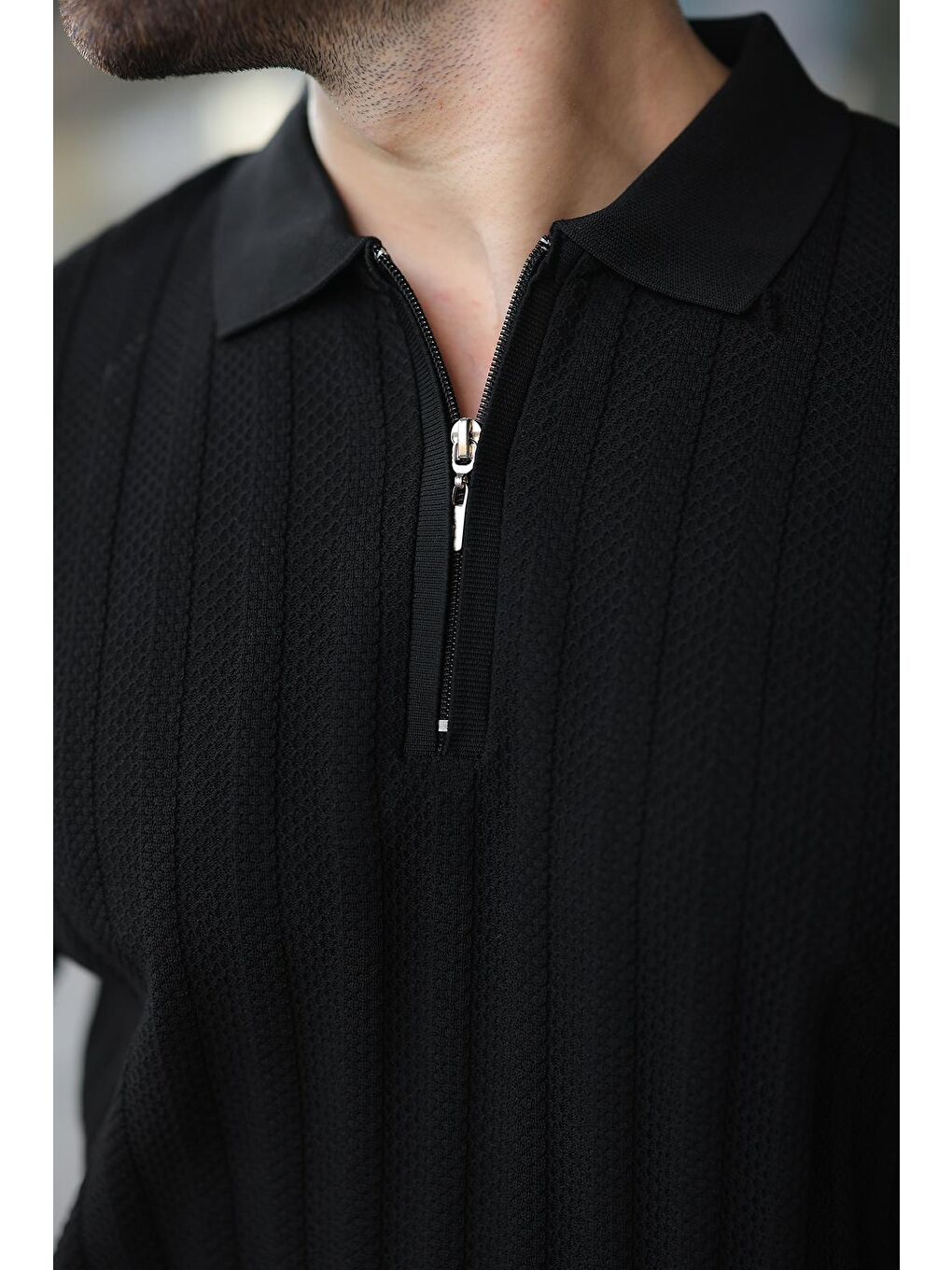Siyah Yarım Fermuarlı Polo Yaka Erkek Triko Tişört E7458-2