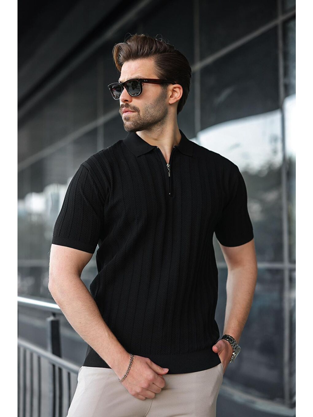 Siyah Yarım Fermuarlı Polo Yaka Erkek Triko Tişört E7458-3