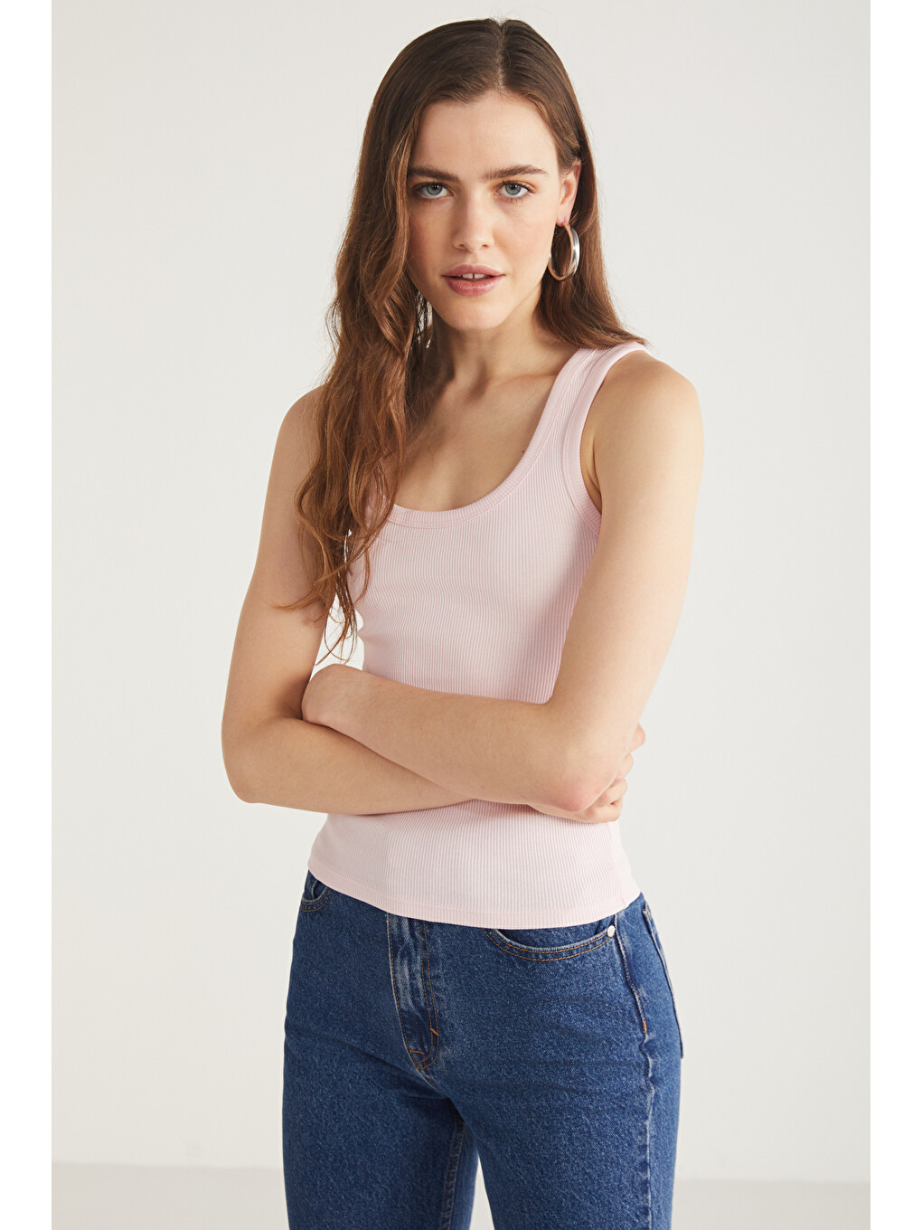 Lıllesol Kadın Fitilli Görünümlü Slim Fit Vücuda Oturan Havuz Yakalı Pamuklu Basic Pembe Atlet-1