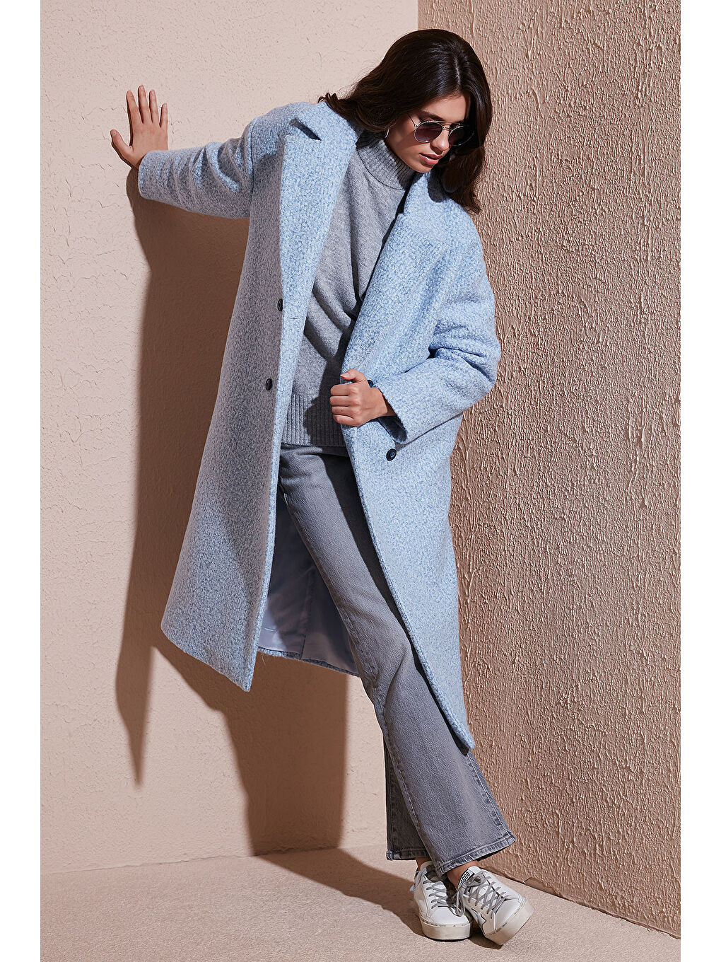 Mavi Oversize Fit Mono Yaka Düğmeli Buklet Uzun Kaşe Kaban 6810236-3