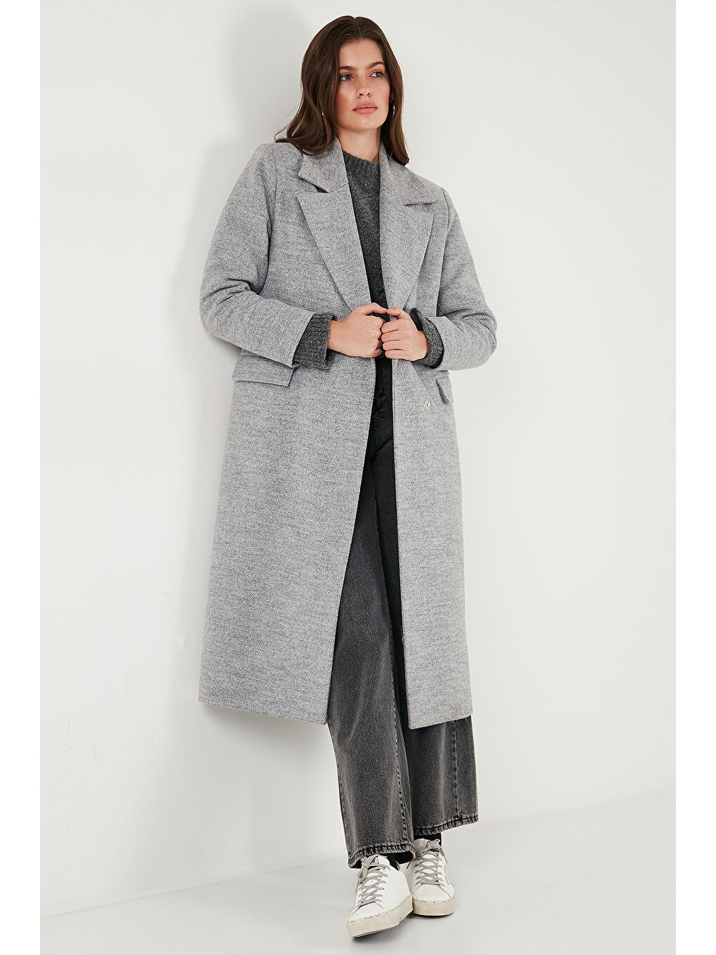 Gri Yün Karışımlı Oversize Kruvaze Yaka Yırtmaçlı Uzun Kadın Kaşe Kaban 6810235-2