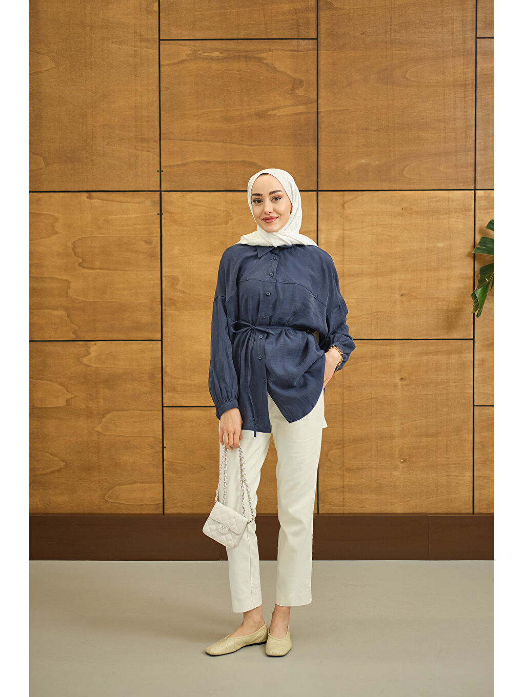 Kadın Bulanık Desen Jakar Gömlek Mavi-4