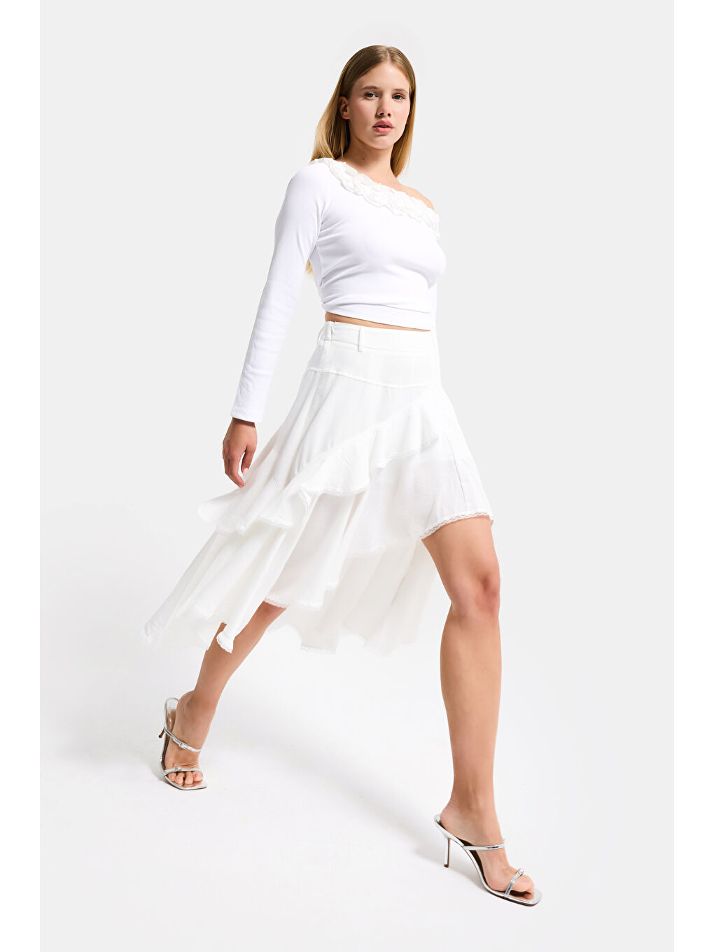 Kadın Kırık Beyaz w5 Asimetrik Kesim Organik Keten Özel Tasarım Etek