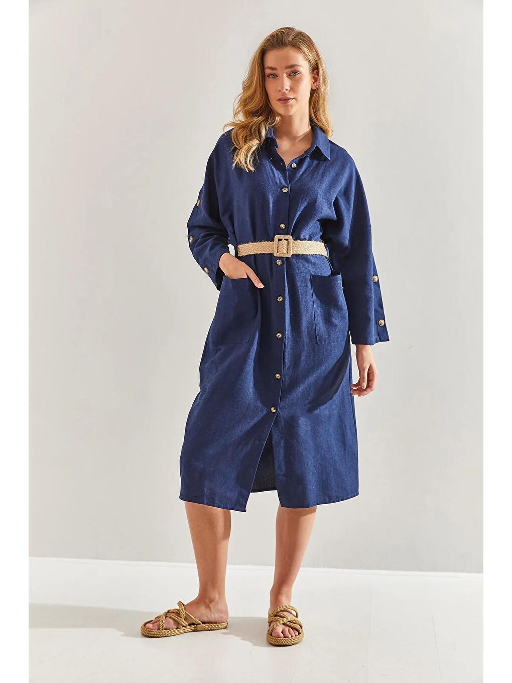 Lacivert Kadın Hasır Kemerli Keten Görünümlü Gömlek Elbise 60171014-4