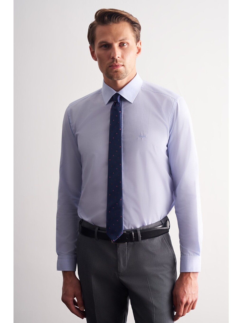 Mavi Sert Yaka Uzun Kol Filafil Slim Fit Pamuklu Gömlek 1004260008