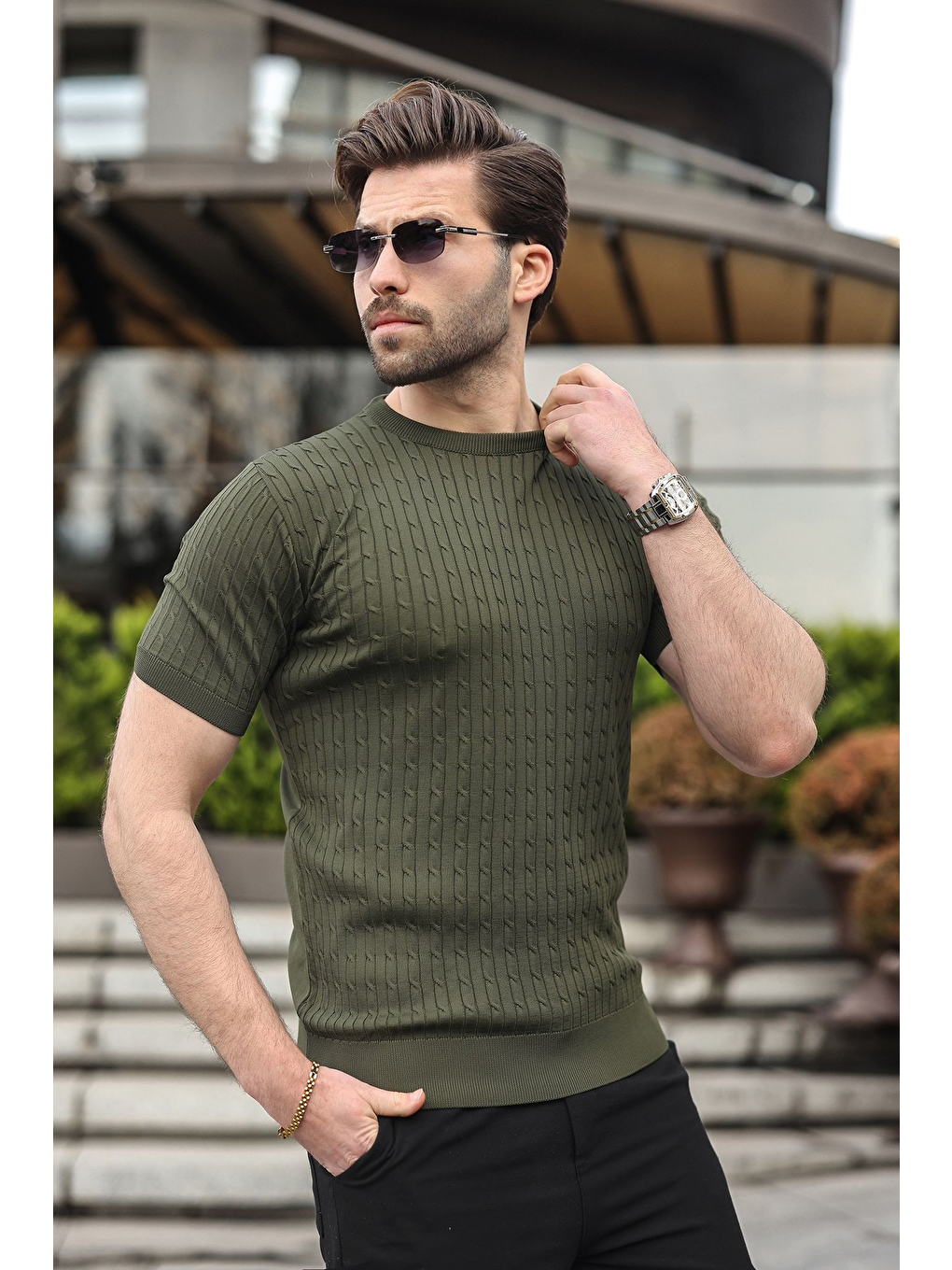 Haki Bisiklet Yaka Triko Erkek Tişört E7468-2