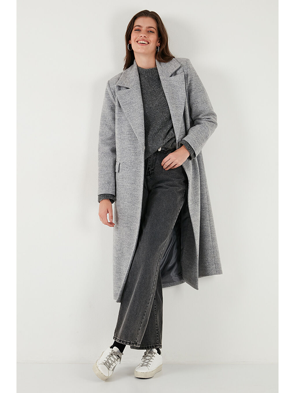 Gri Yün Karışımlı Oversize Kruvaze Yaka Yırtmaçlı Uzun Kadın Kaşe Kaban 6810235-3