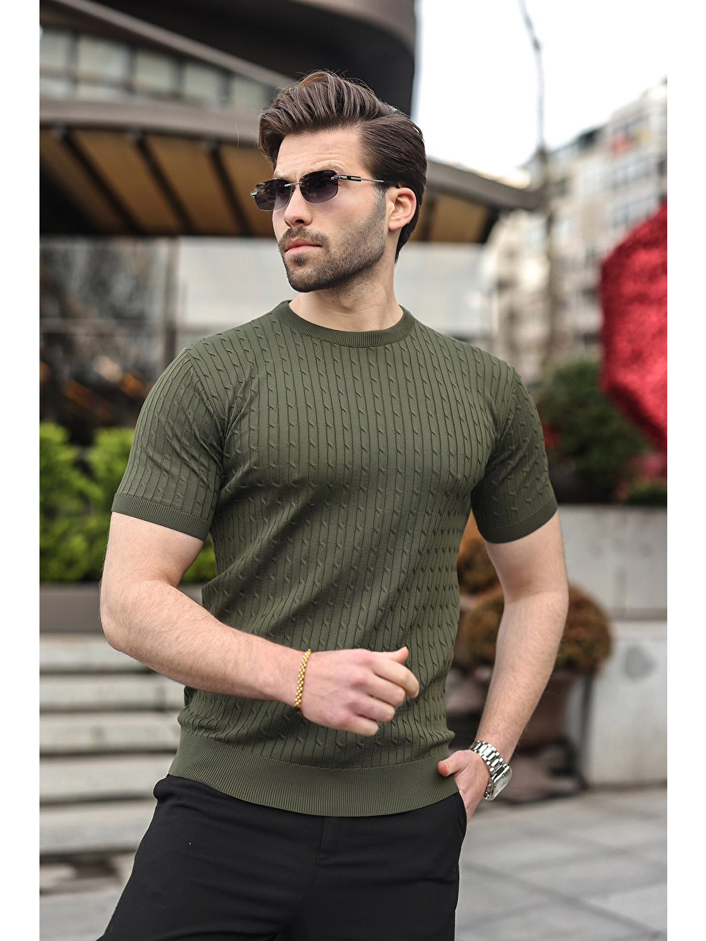 Haki Bisiklet Yaka Triko Erkek Tişört E7468-3