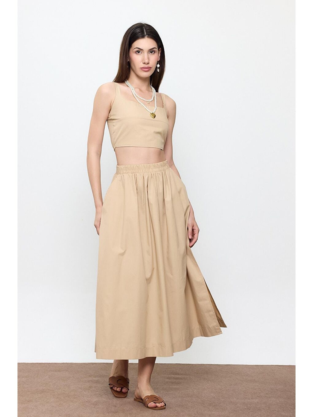 Bej %100 Pamuk Volanlı Midi Etek