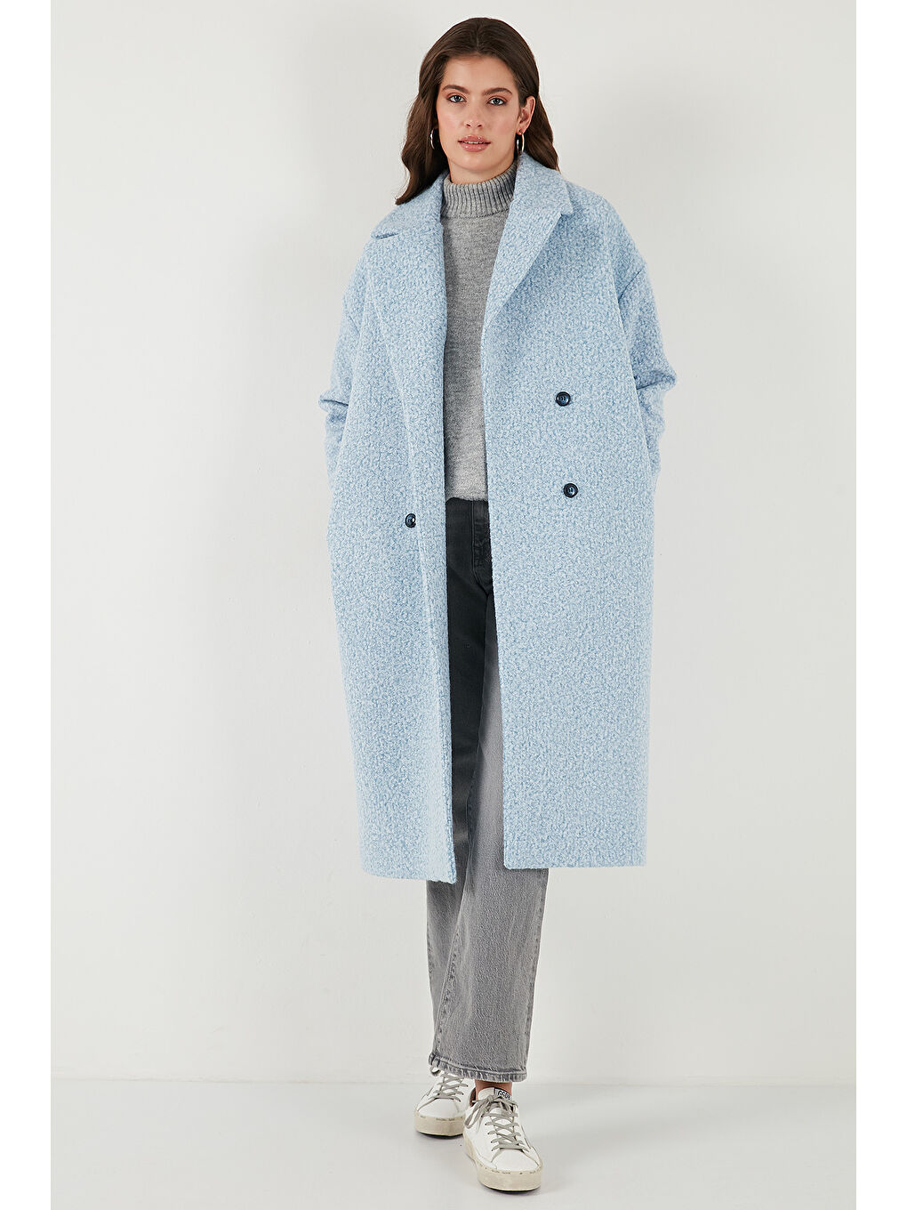 Mavi Oversize Fit Mono Yaka Düğmeli Buklet Uzun Kaşe Kaban 6810236-4