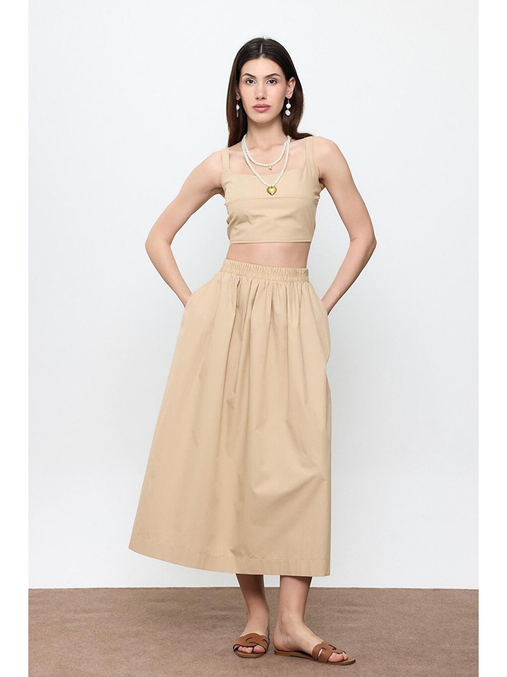 Bej %100 Pamuk Volanlı Midi Etek-1
