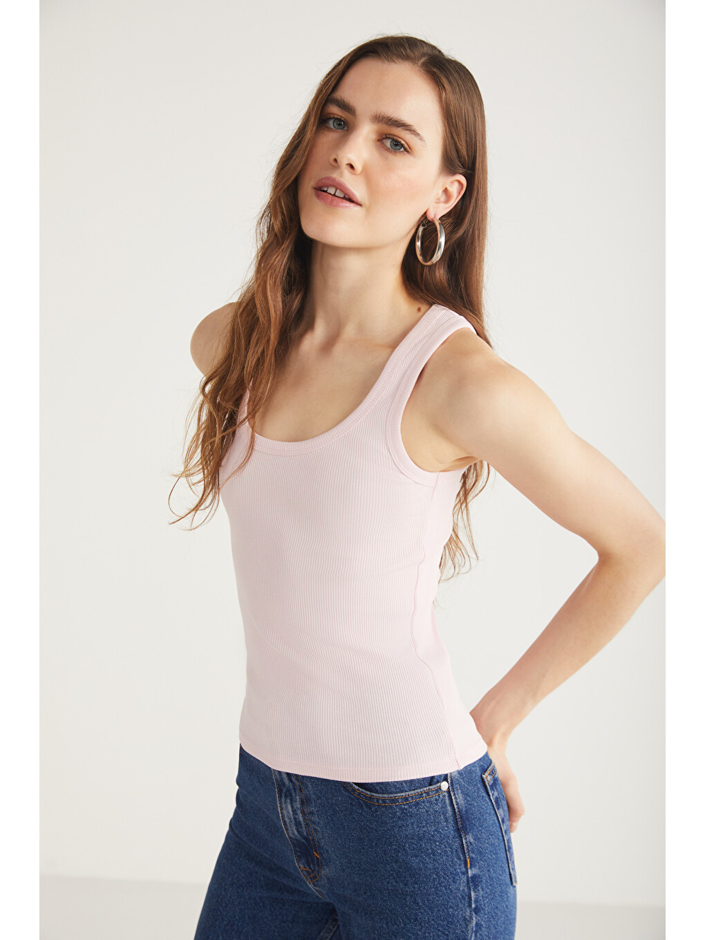 Lıllesol Kadın Fitilli Görünümlü Slim Fit Vücuda Oturan Havuz Yakalı Pamuklu Basic Pembe Atlet-3