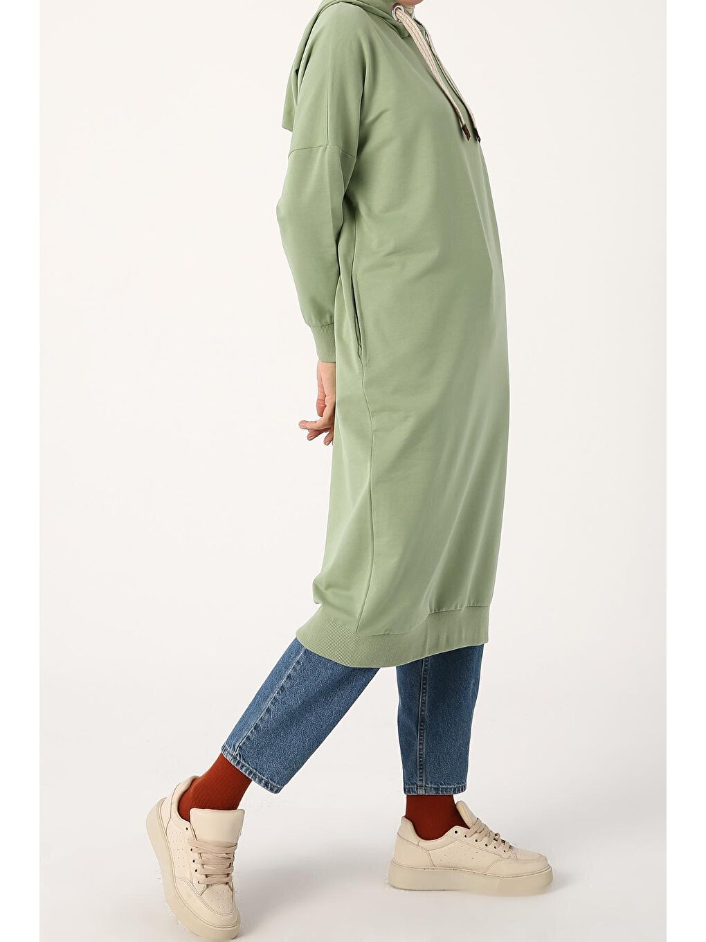 Uçuk Yeşil Kuşgözlü Kapüşonlu Cepli Sweat Tunik-3