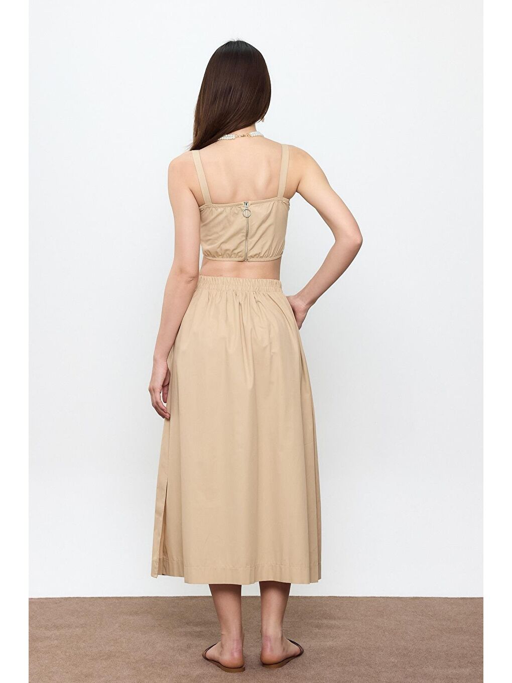 Bej %100 Pamuk Volanlı Midi Etek-3