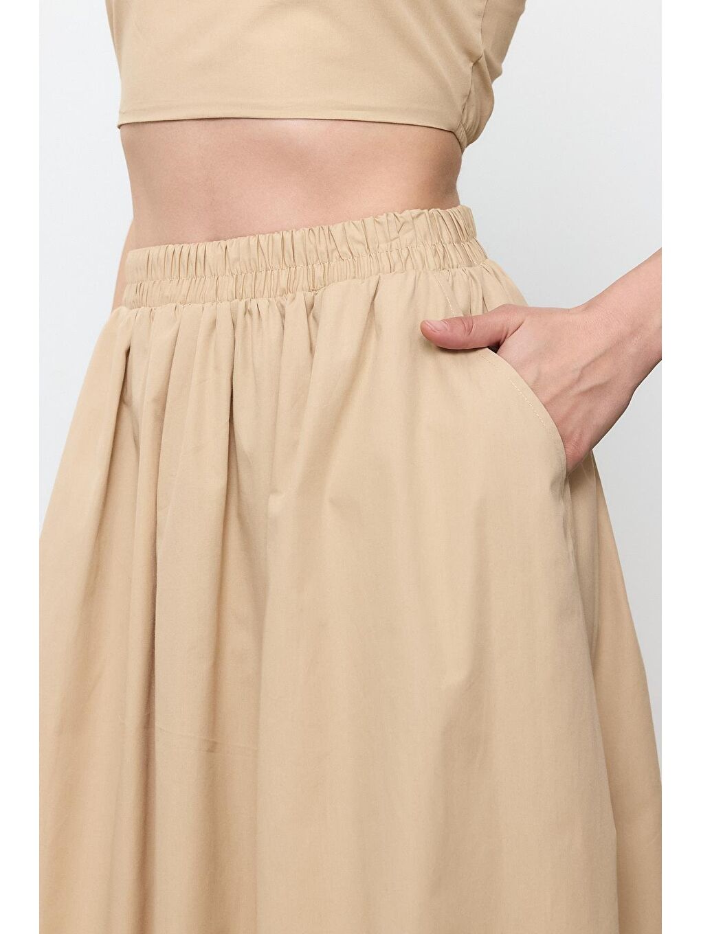 Bej %100 Pamuk Volanlı Midi Etek-4