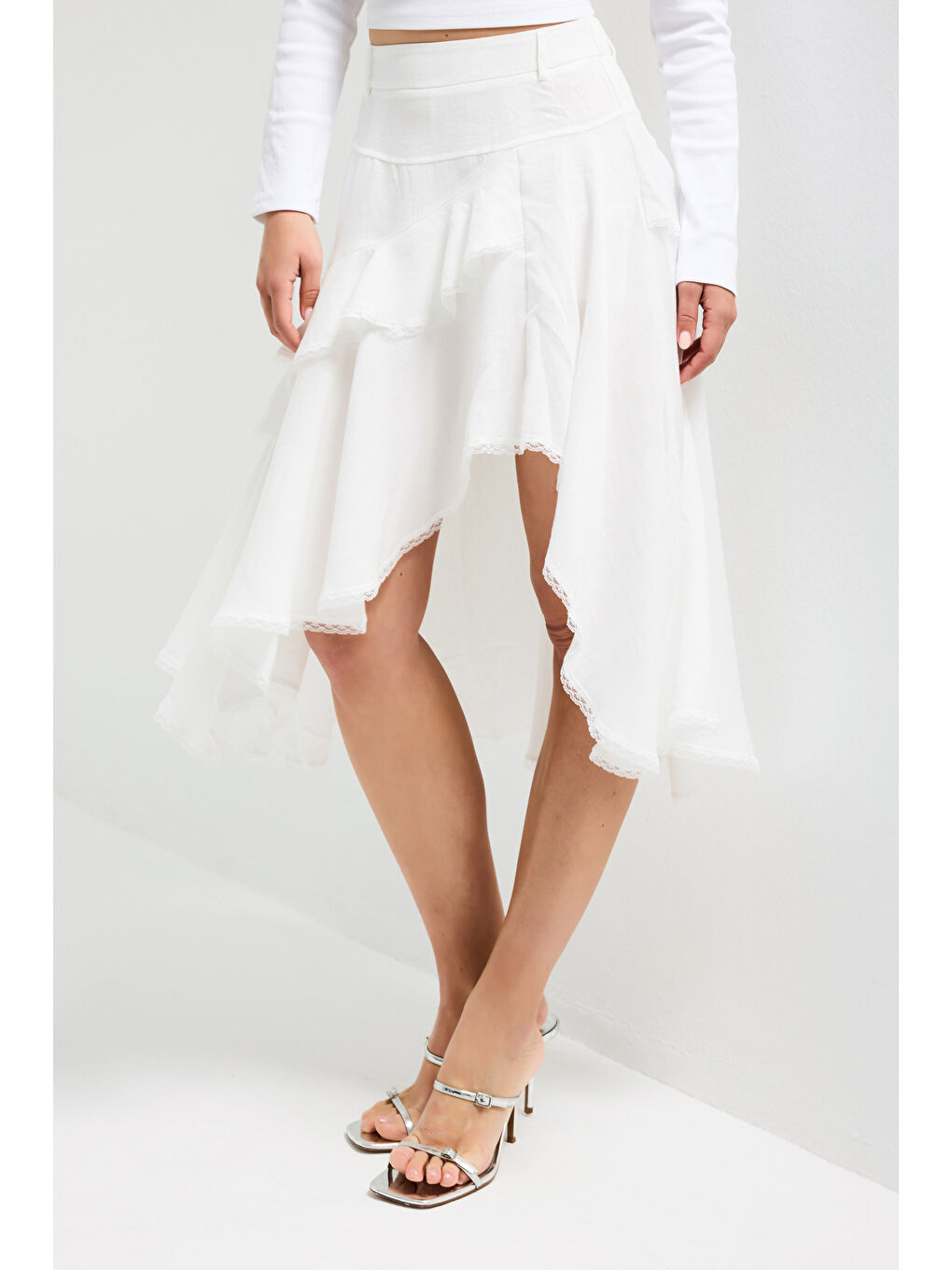 Kadın Kırık Beyaz w5 Asimetrik Kesim Organik Keten Özel Tasarım Etek-2
