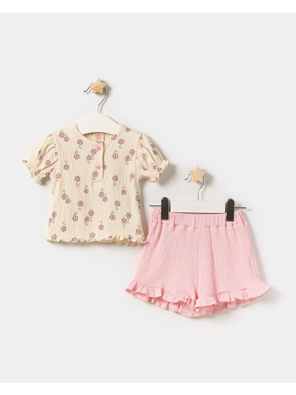 Pembe Kız Bebek Pamuklu Çiçek Desenli Bluzlu Fırfırlı Şort Takım - Yazlık 2'Li Set