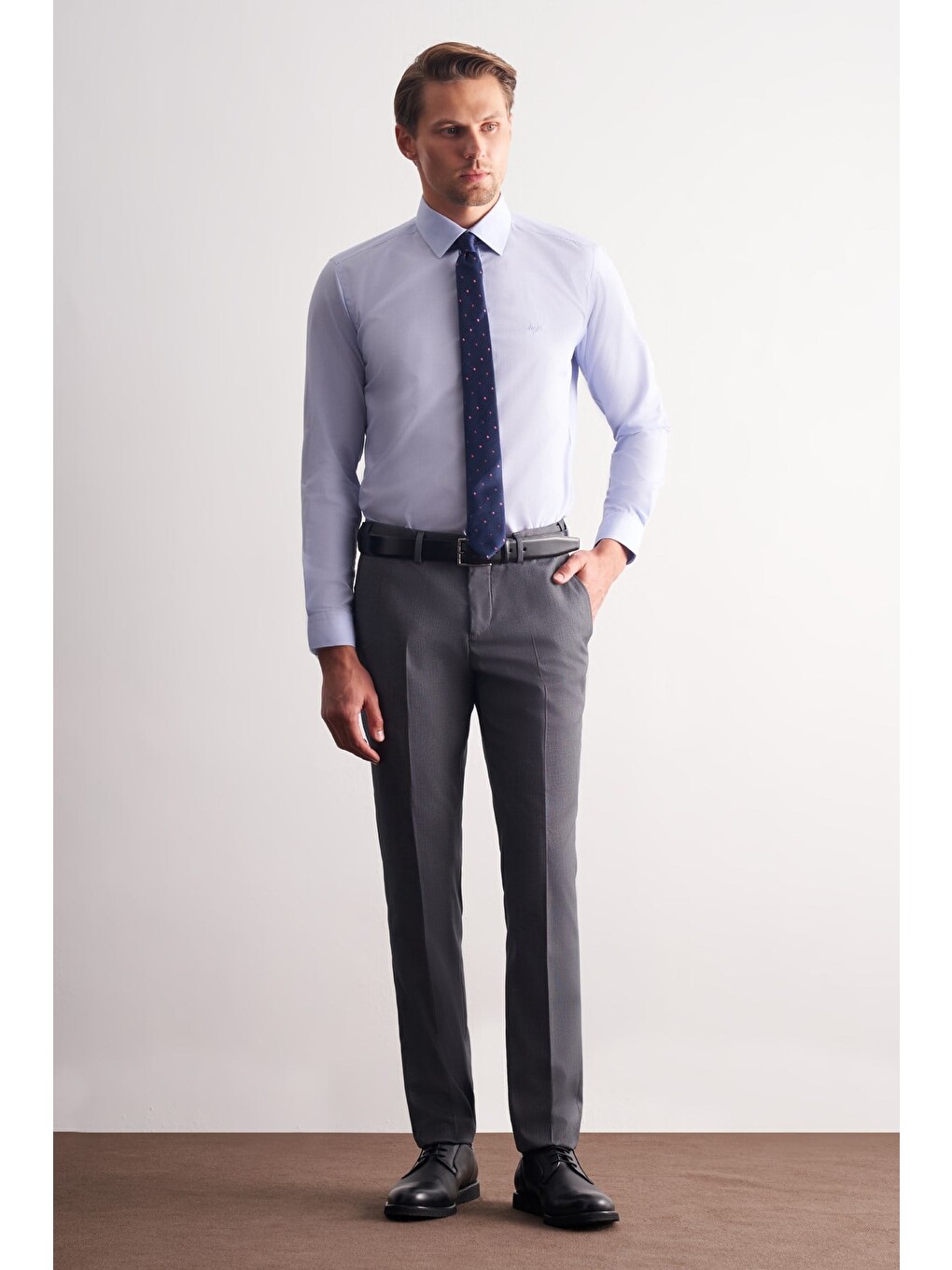 Mavi Sert Yaka Uzun Kol Filafil Slim Fit Pamuklu Gömlek 1004260008-1
