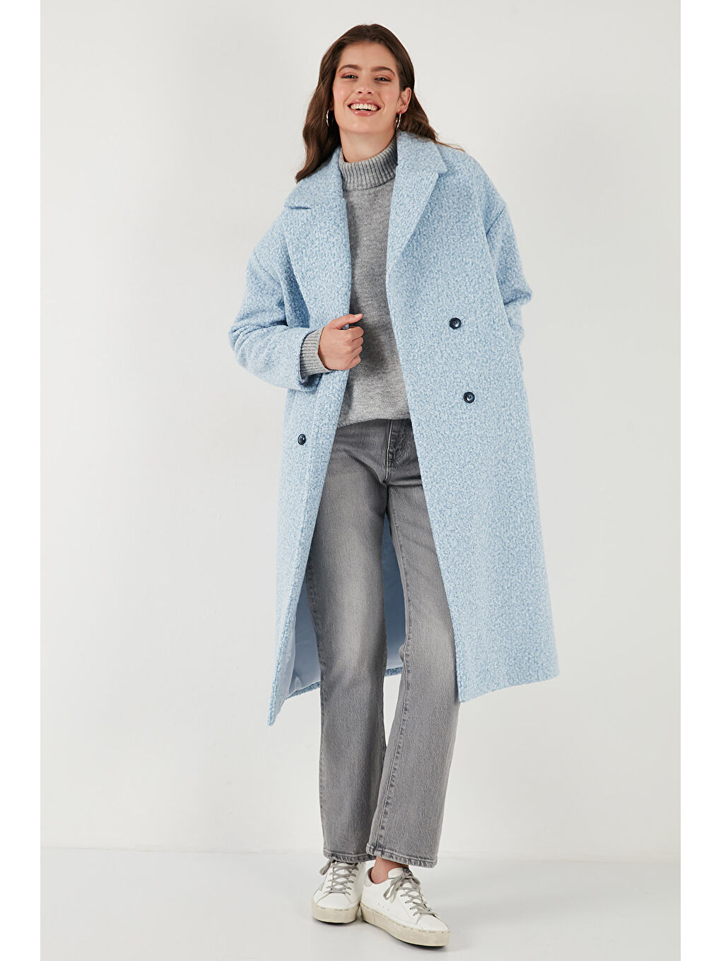 Mavi Oversize Fit Mono Yaka Düğmeli Buklet Uzun Kaşe Kaban 6810236-5