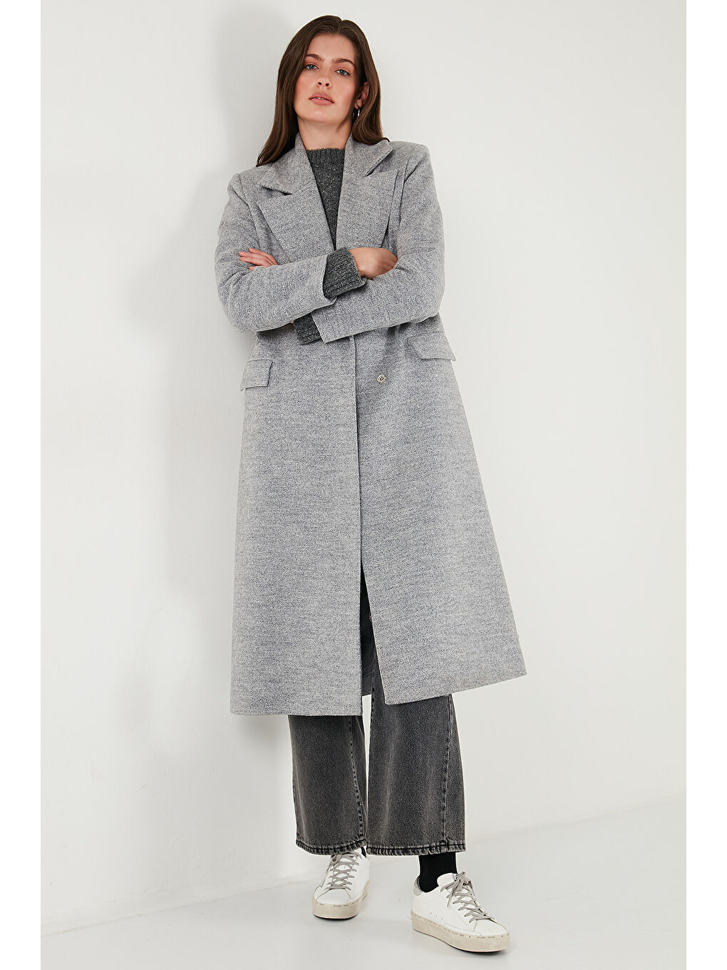 Gri Yün Karışımlı Oversize Kruvaze Yaka Yırtmaçlı Uzun Kadın Kaşe Kaban 6810235-4