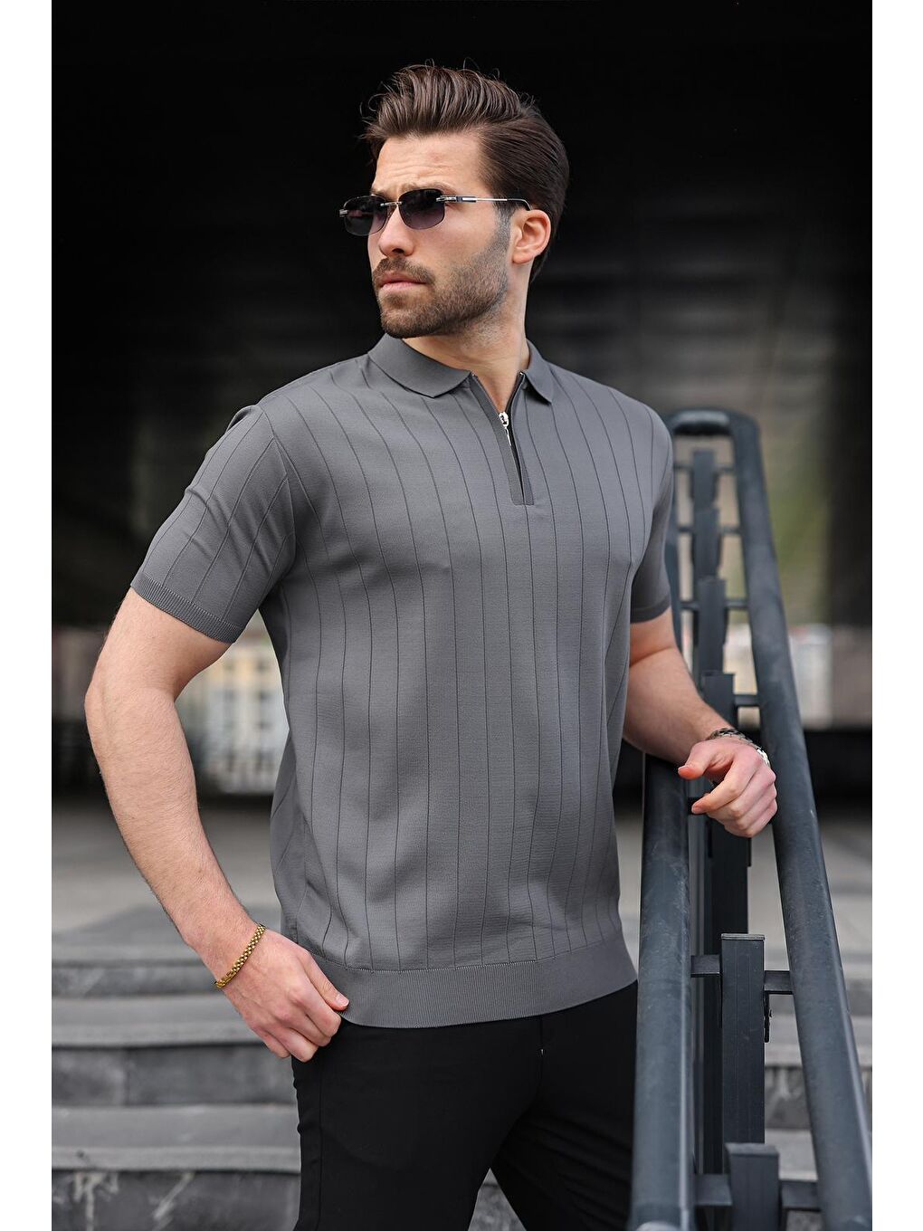 Antrasit Yarım Fermuarlı Polo Yaka Triko Erkek Tişört E7298-1