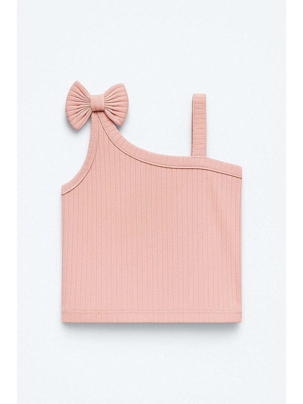 Pembe Kız Çocuk Pamuklu Pudra Fiyonklu Asimetrik Crop T-Shirt - Tek Omuzlu Ribana