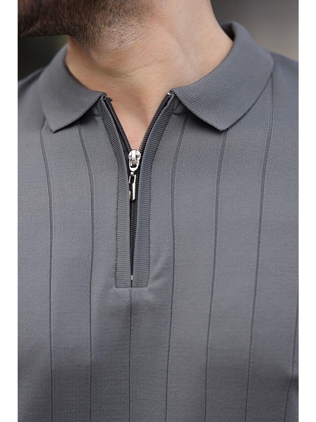 Antrasit Yarım Fermuarlı Polo Yaka Triko Erkek Tişört E7298-2