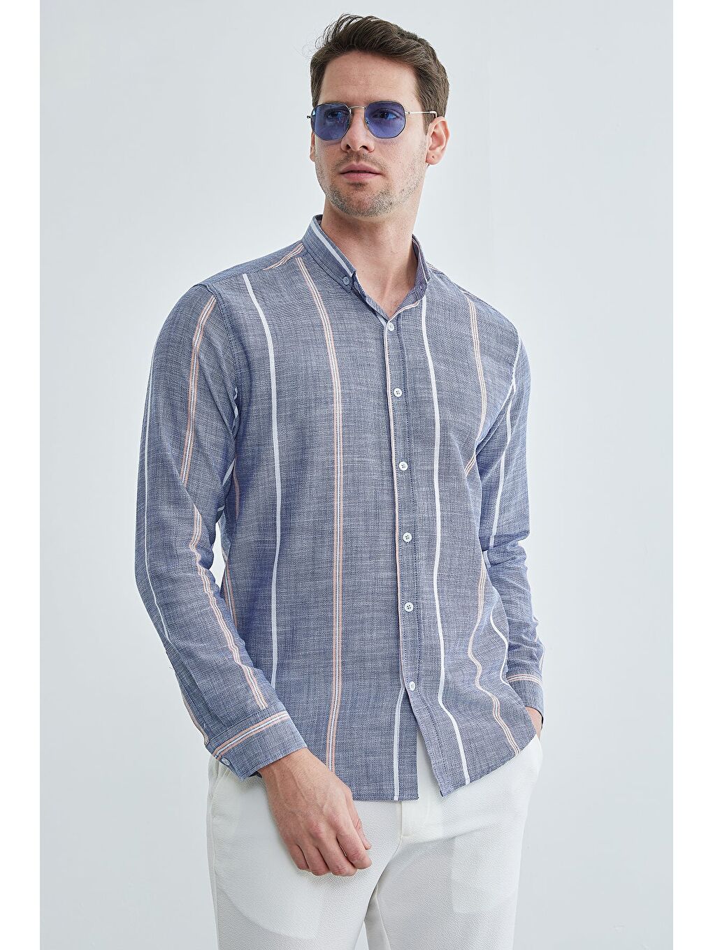 İndigo Çizgili Keten Görünümlü Gömlek