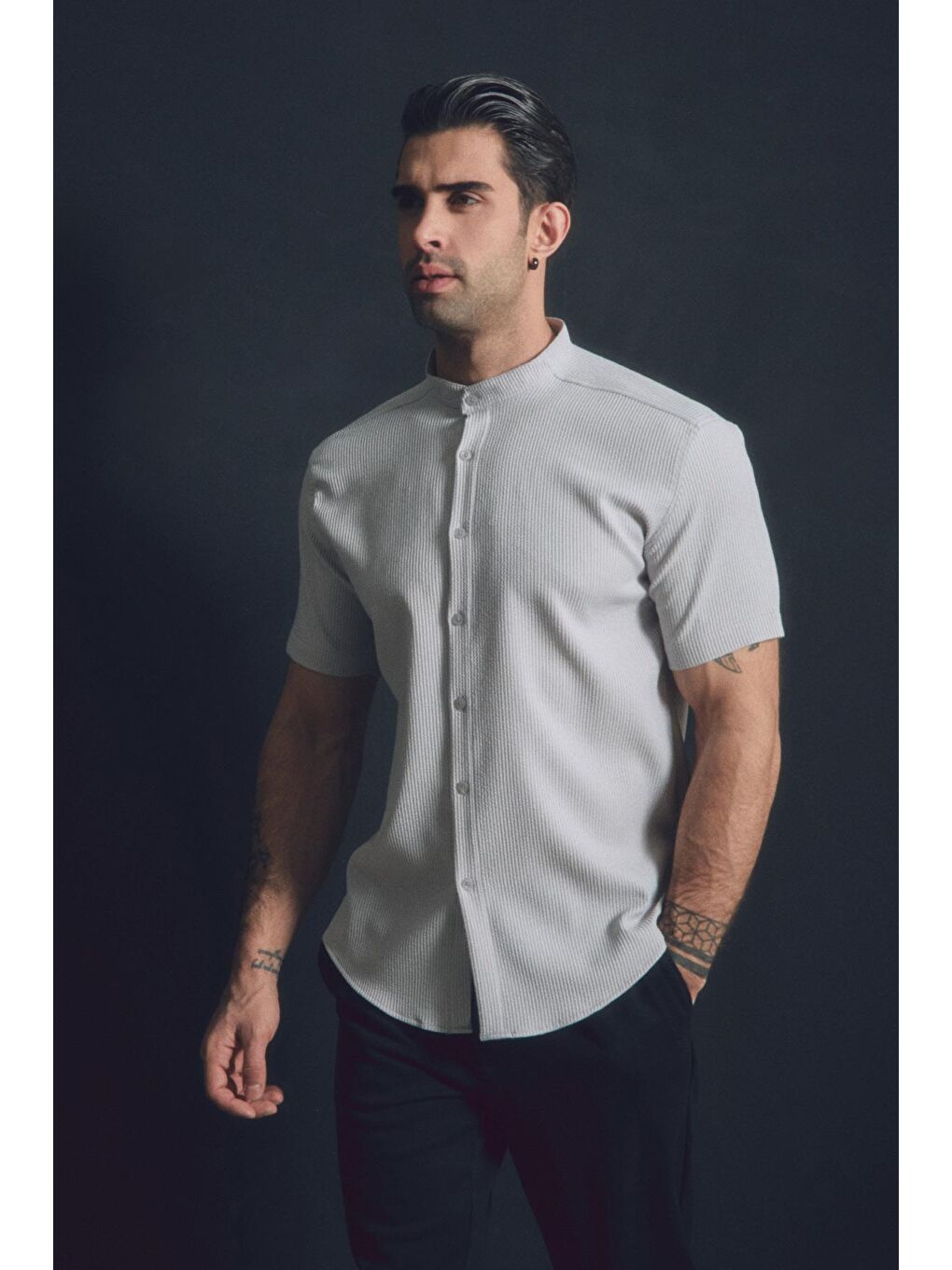 Gri Fitilli Hakim Yaka Gömlek-2