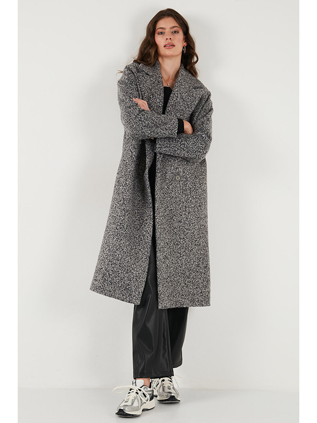 Antrasit Oversize Fit Mono Yaka Düğmeli Buklet Uzun Kaşe Kaban 6810236-2