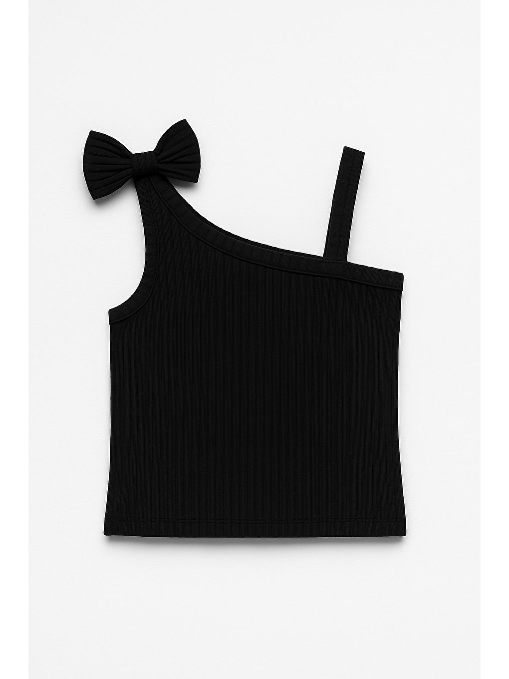 Kız Çocuk Pamuklu Siyah Fiyonklu Asimetrik Crop T-Shirt - Tek Omuzlu Ribana