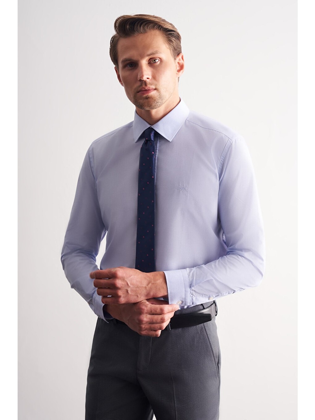 Mavi Sert Yaka Uzun Kol Filafil Slim Fit Pamuklu Gömlek 1004260008-2