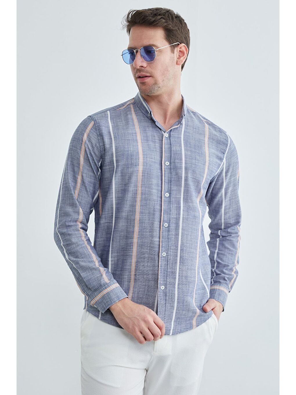 İndigo Çizgili Keten Görünümlü Gömlek-2