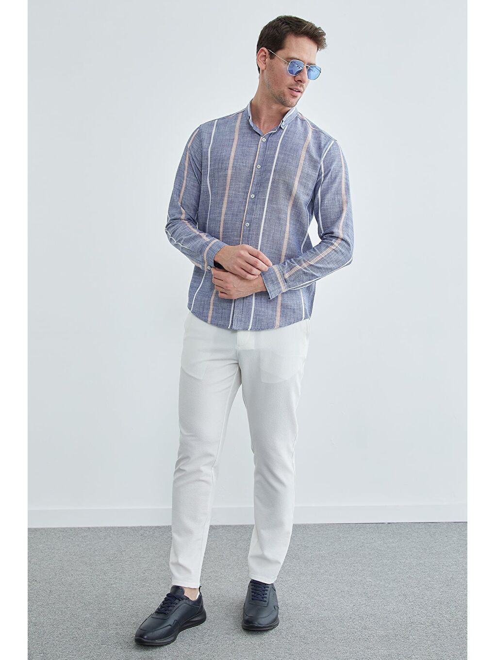 İndigo Çizgili Keten Görünümlü Gömlek-3