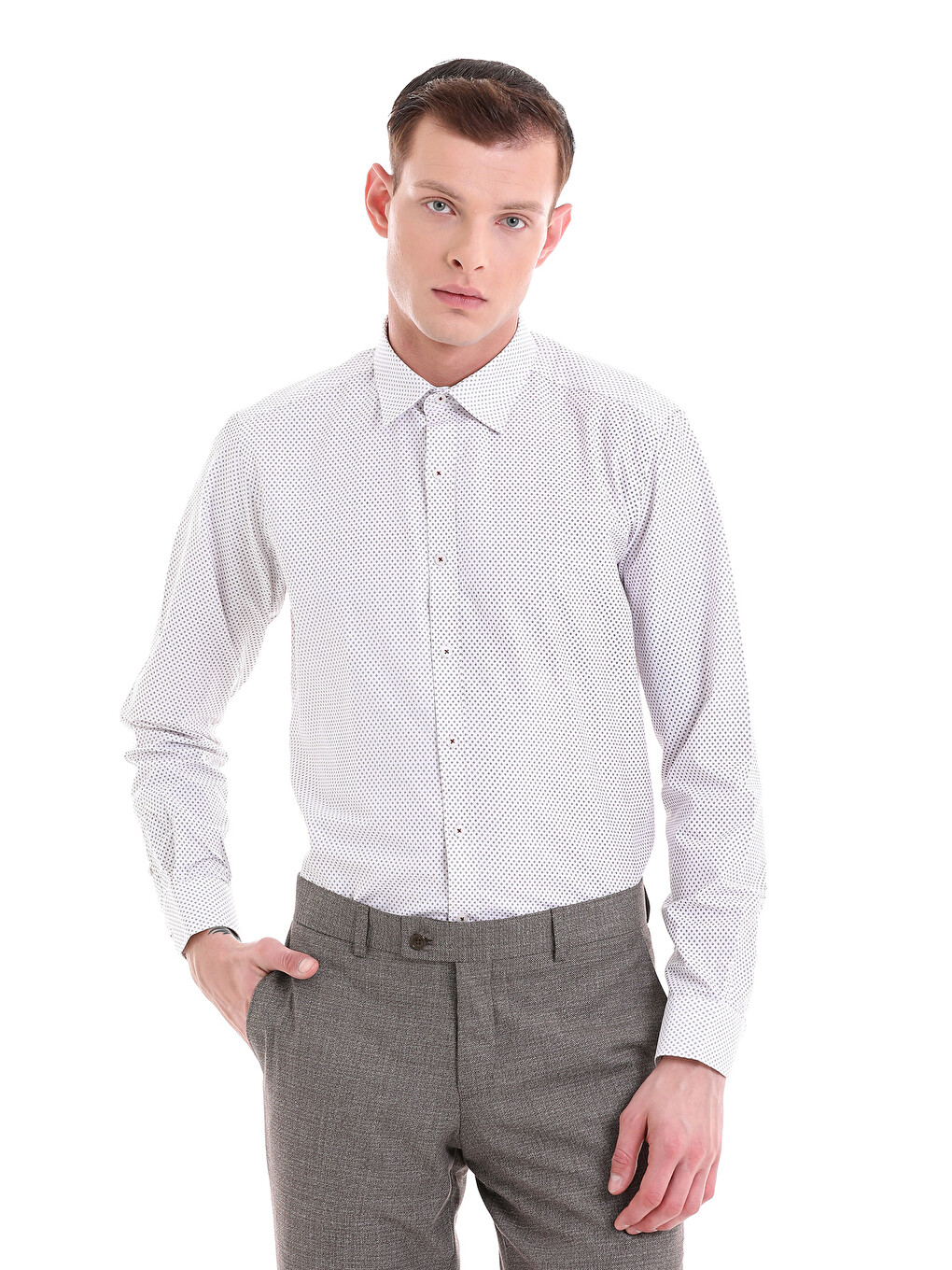 Bordo Slim Fit Baskılı Pamuklu Slim Yaka Uzun Kollu Klasik Gömlek