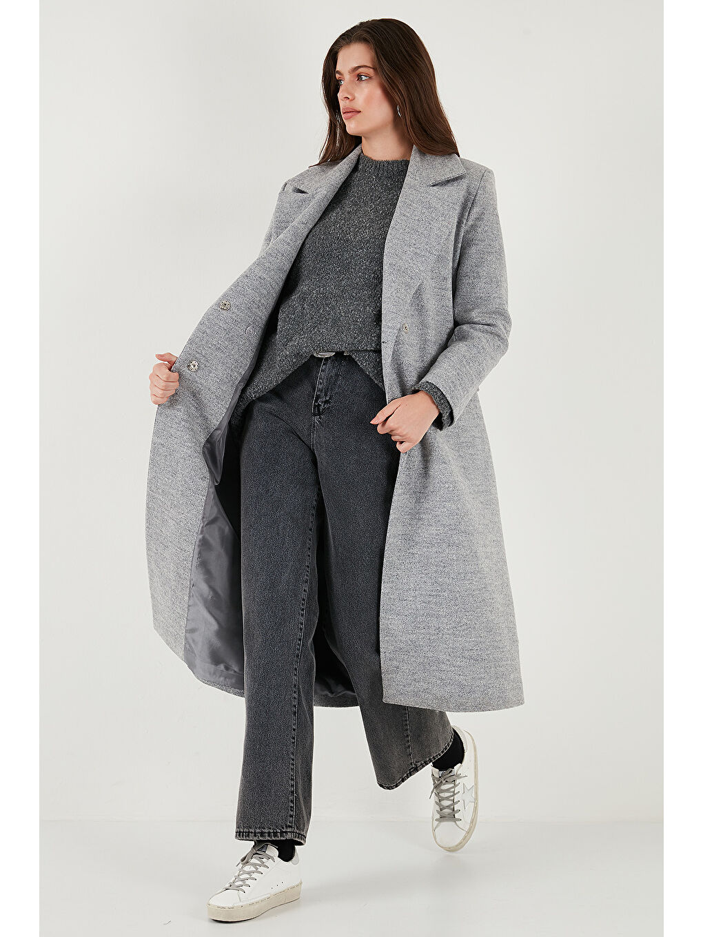 Gri Yün Karışımlı Oversize Kruvaze Yaka Yırtmaçlı Uzun Kadın Kaşe Kaban 6810235-5