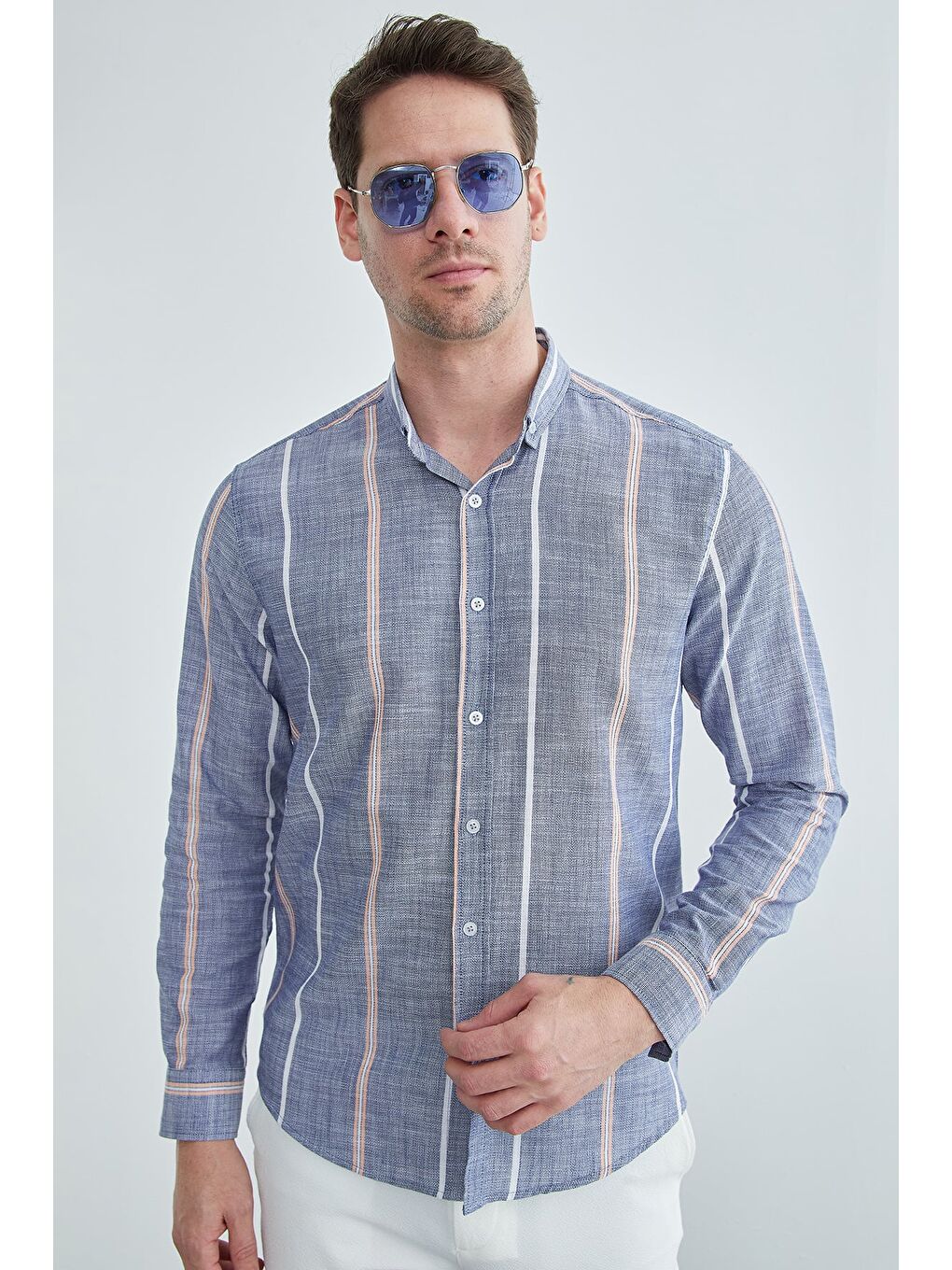 İndigo Çizgili Keten Görünümlü Gömlek-4