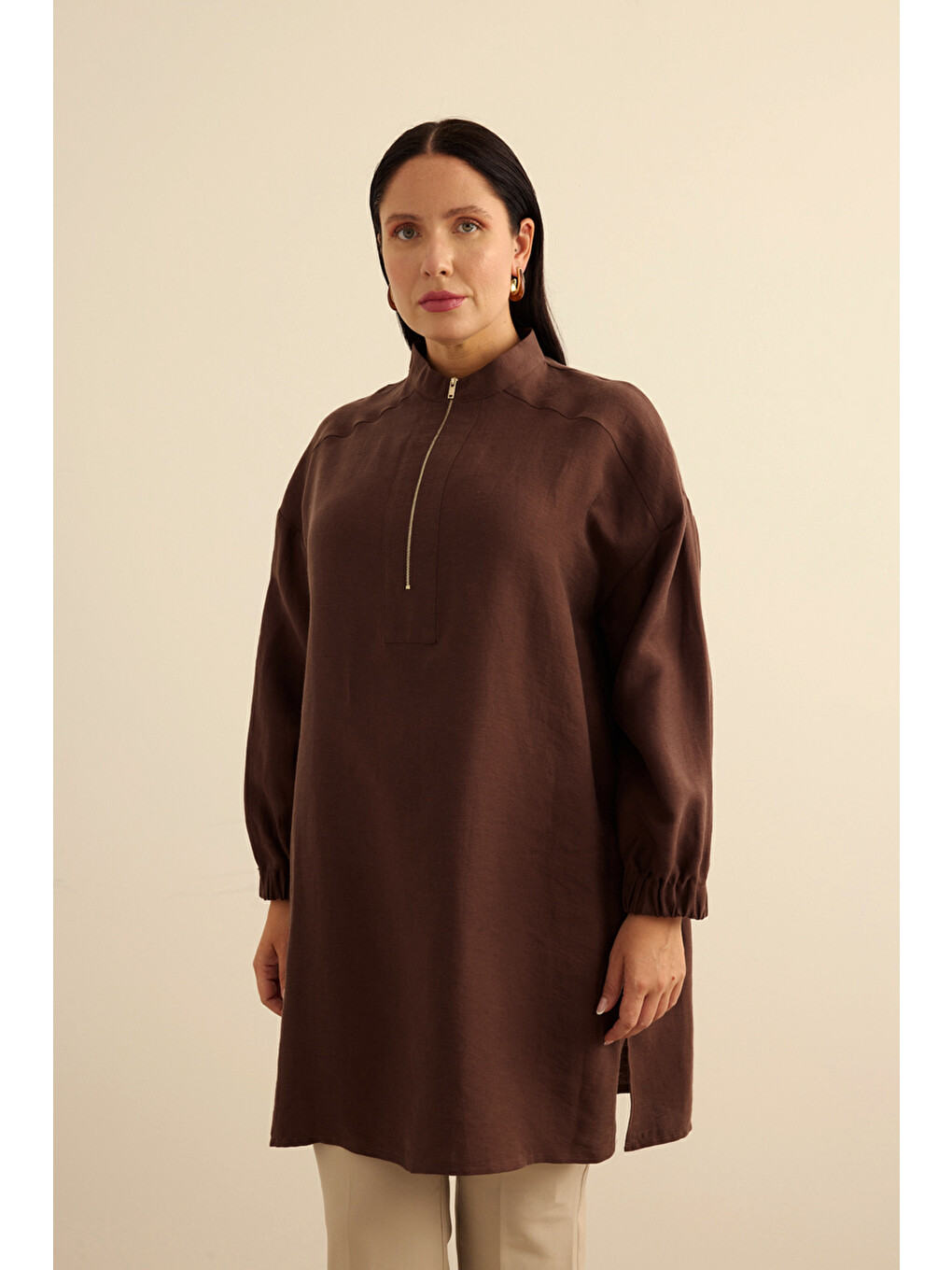 Kahverengi Yakası Fermuarlı Keten Lyocell Tunik-3