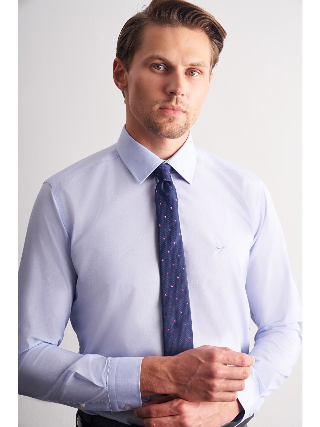 Mavi Sert Yaka Uzun Kol Filafil Slim Fit Pamuklu Gömlek 1004260008-3