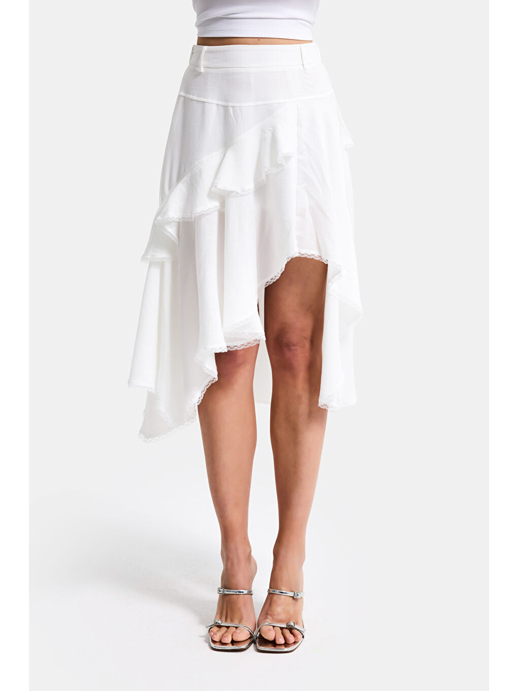 Kadın Kırık Beyaz w5 Asimetrik Kesim Organik Keten Özel Tasarım Etek-5