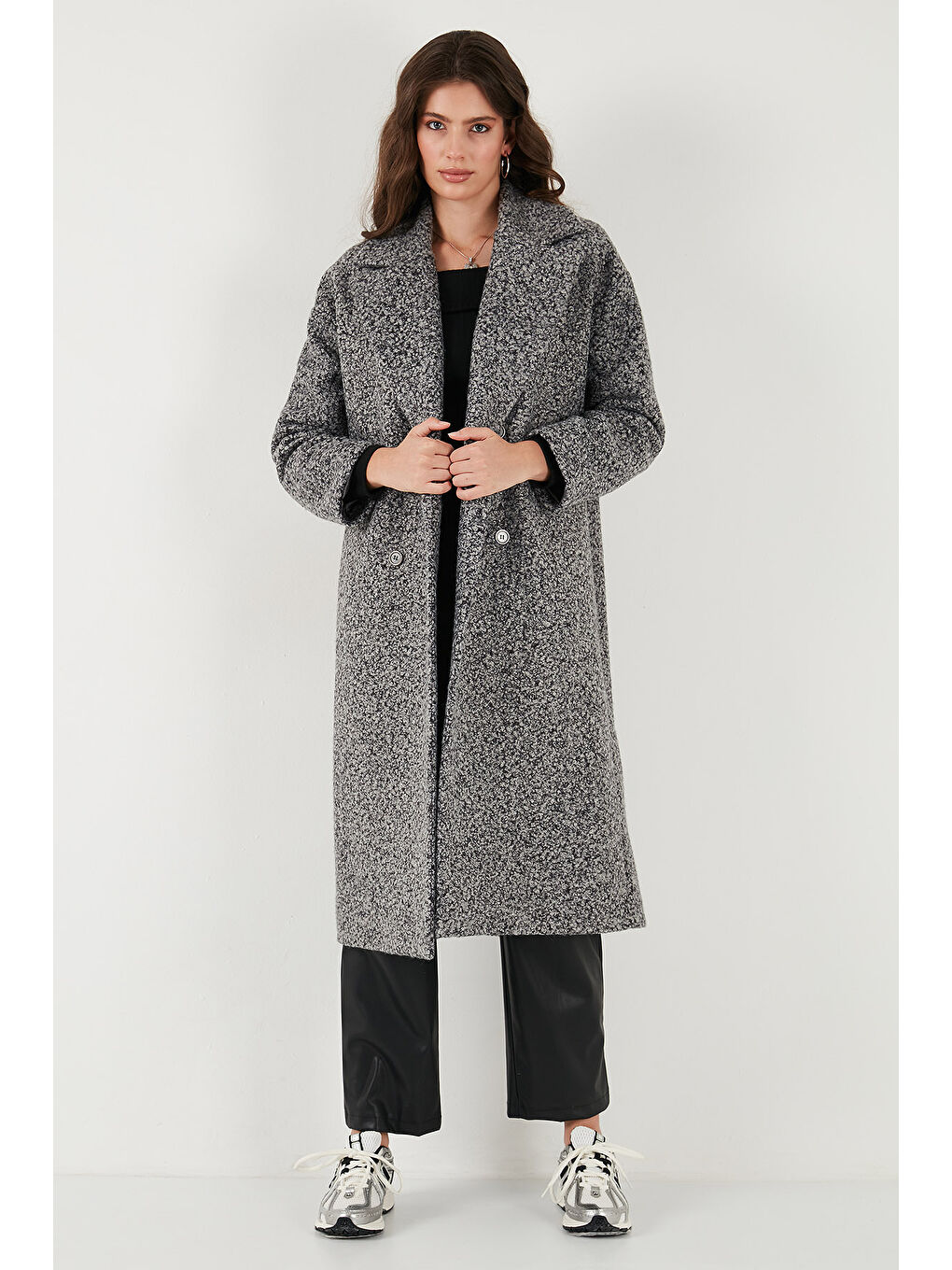 Antrasit Oversize Fit Mono Yaka Düğmeli Buklet Uzun Kaşe Kaban 6810236-3