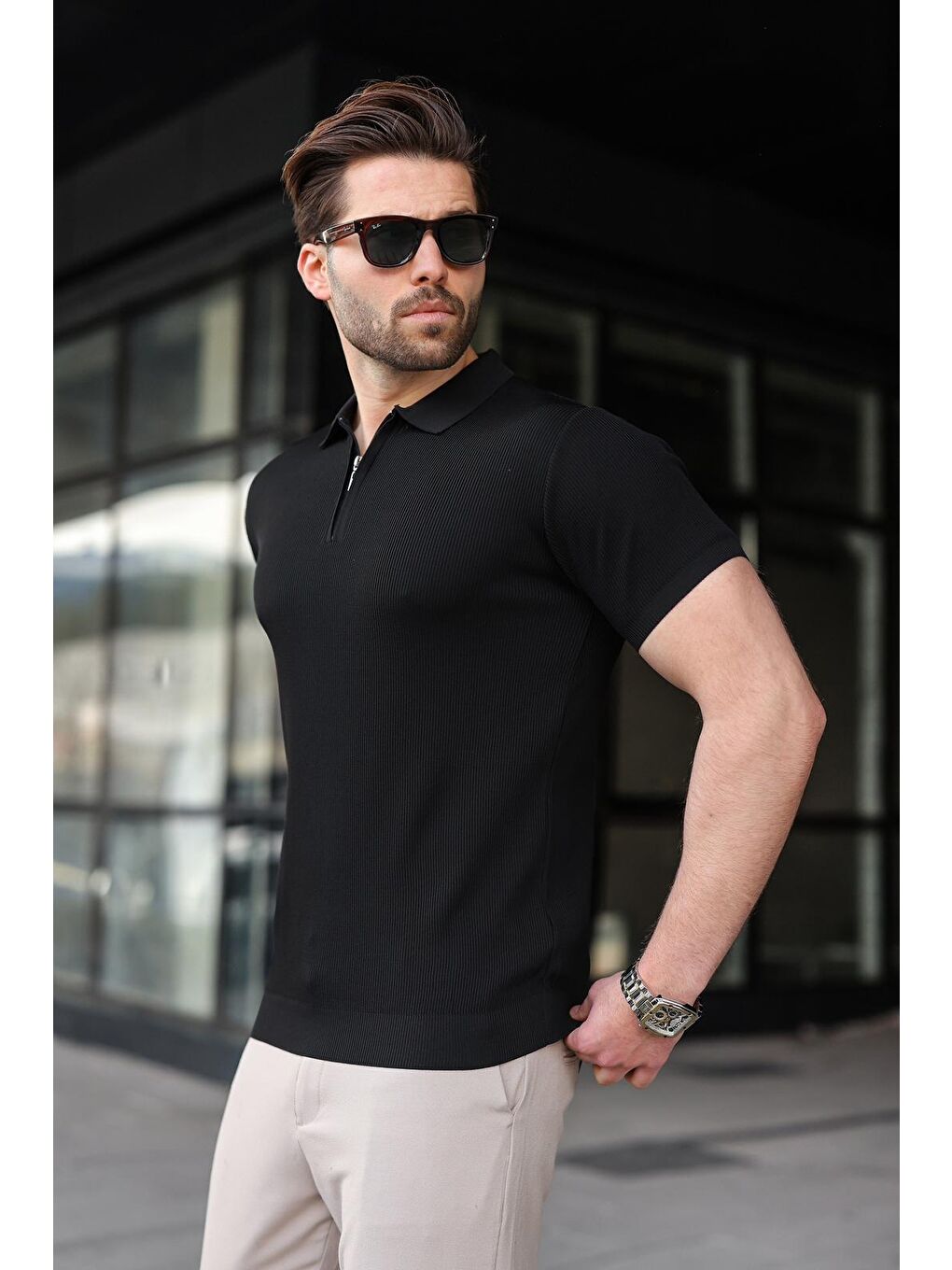 Siyah Yarım Fermuarlı Polo Yaka Triko Erkek Tişört E74e59