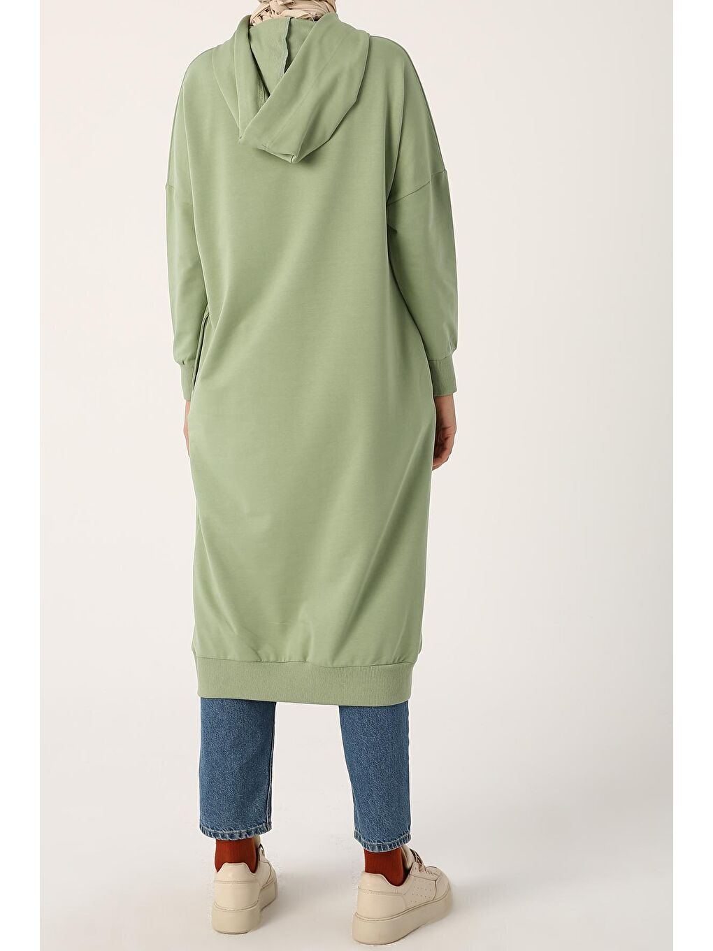 Uçuk Yeşil Kuşgözlü Kapüşonlu Cepli Sweat Tunik-4