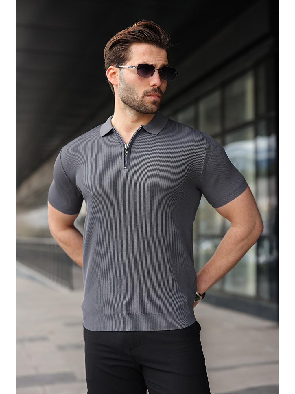 Antrasit Yarım Fermuarlı Polo Yaka Triko Erkek Tişört E74e59-1