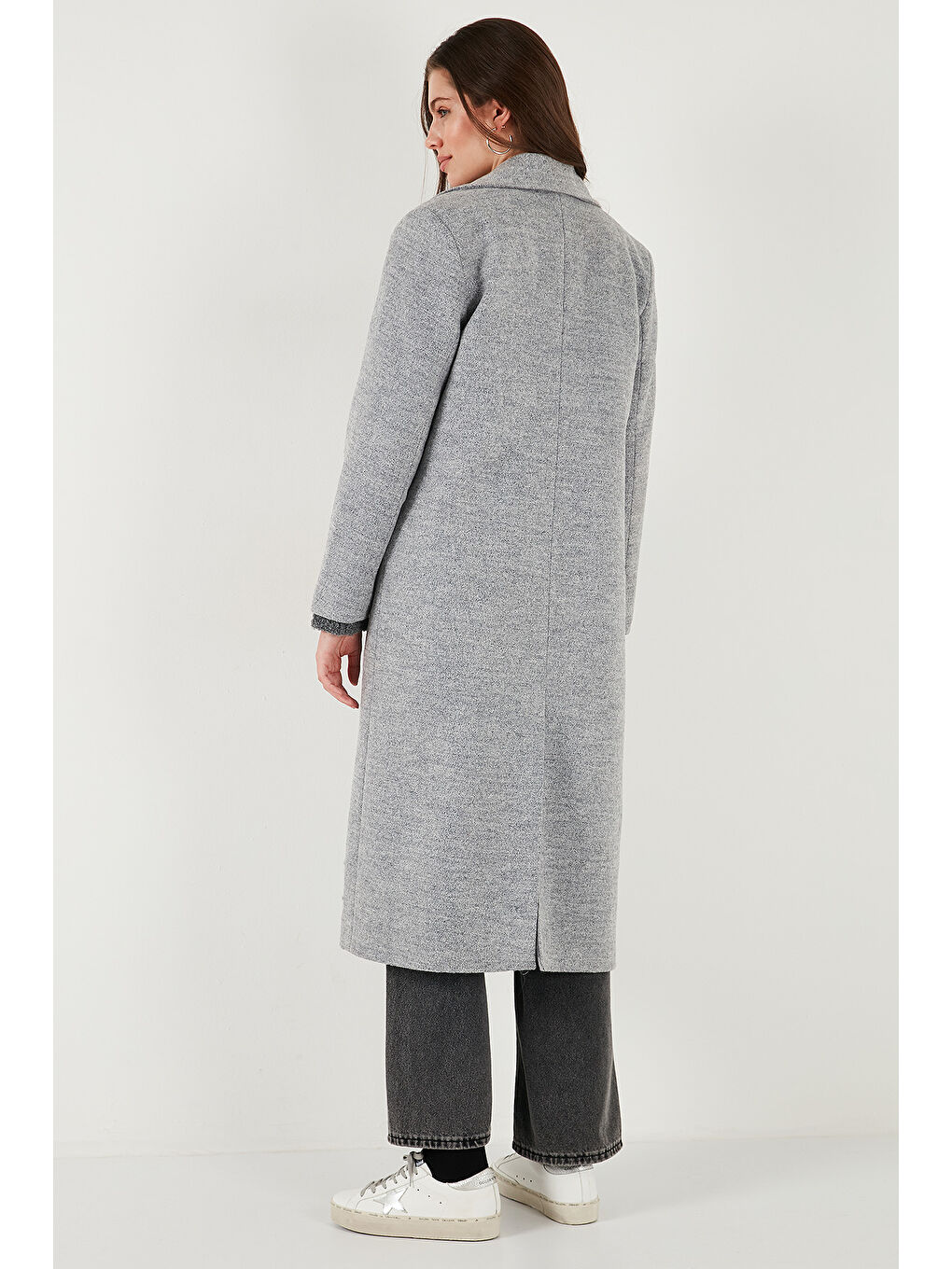 Gri Yün Karışımlı Oversize Kruvaze Yaka Yırtmaçlı Uzun Kadın Kaşe Kaban 6810235-6