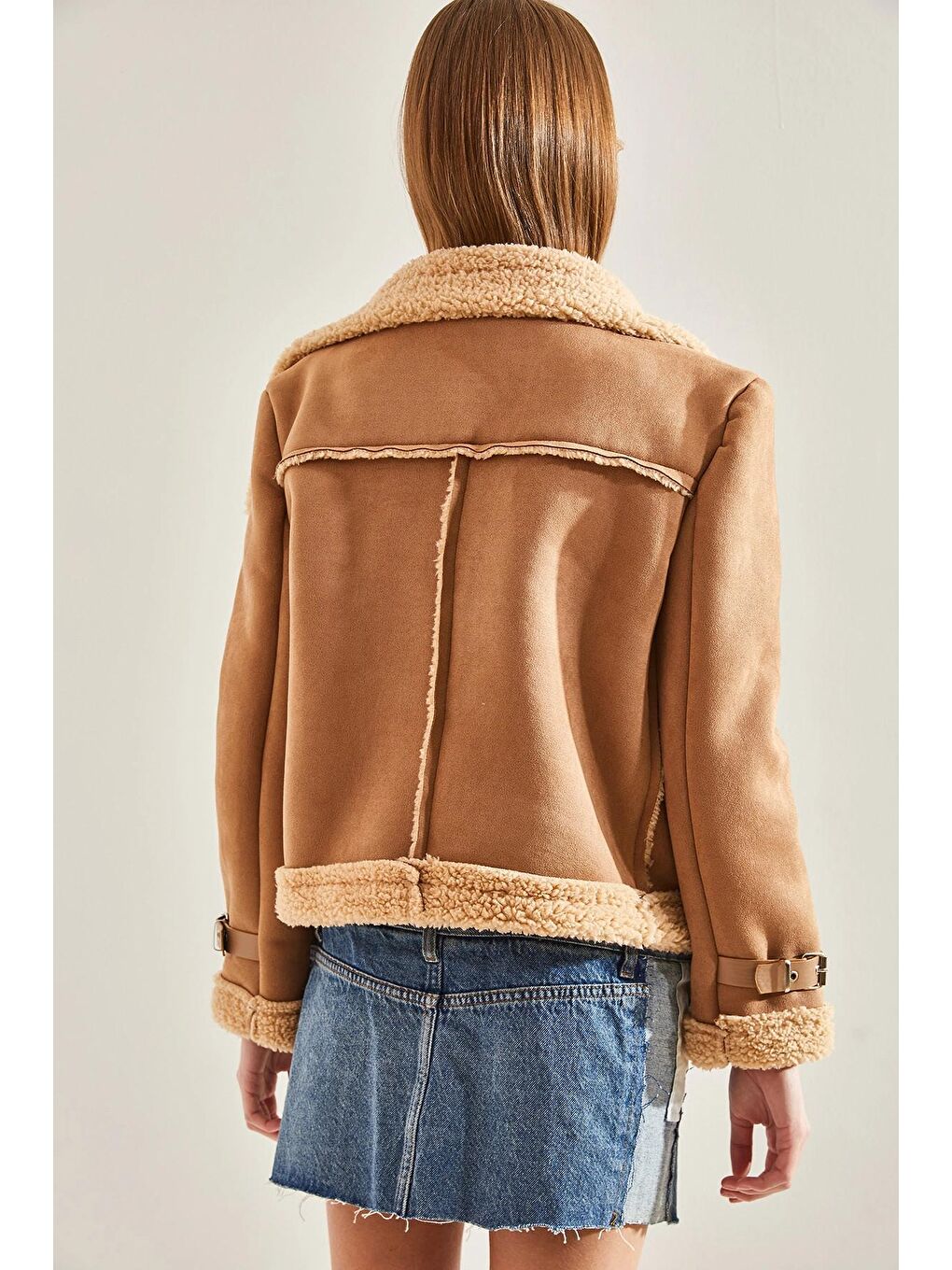 Bej Kadın Üç Kemerli Süet Lamine Biker Mont 2344 60101007-3