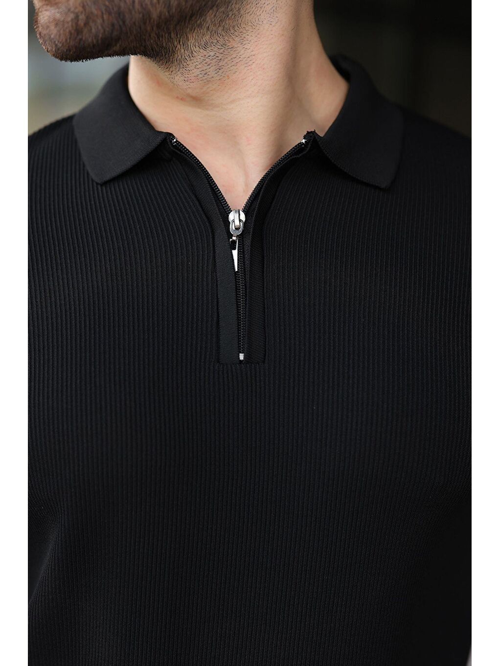 Siyah Yarım Fermuarlı Polo Yaka Triko Erkek Tişört E74e59-1